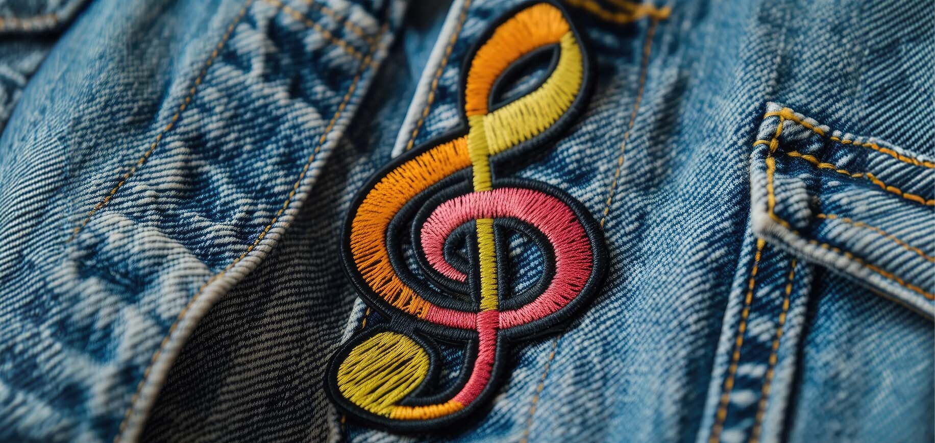 Colorful embroidered treble clef patch on blue denim jacket with pocket stitching.