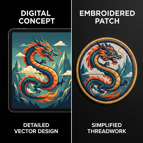 Side-by-side comparison of an AI-generated High Peaks Public Safety design and the production-ready embroidered patch simplified by Artex Group.