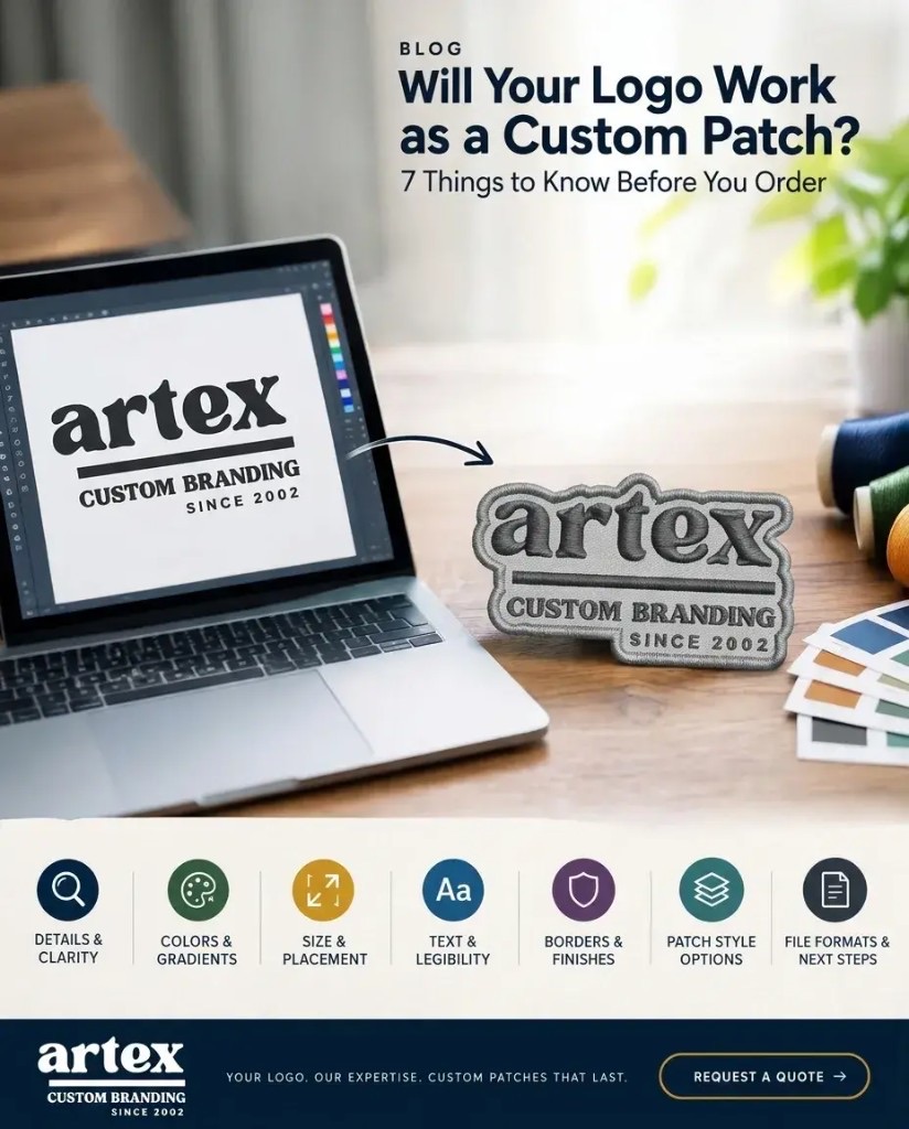 Laptop showing the Artex Custom Branding logo next to a finished embroidered patch of the same design on a work table.